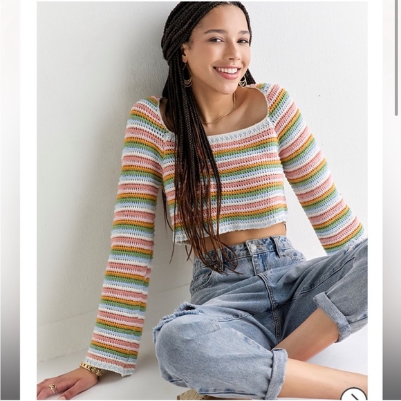 Striped Multicolor Cropped Knit Top - Picture 1 of 4